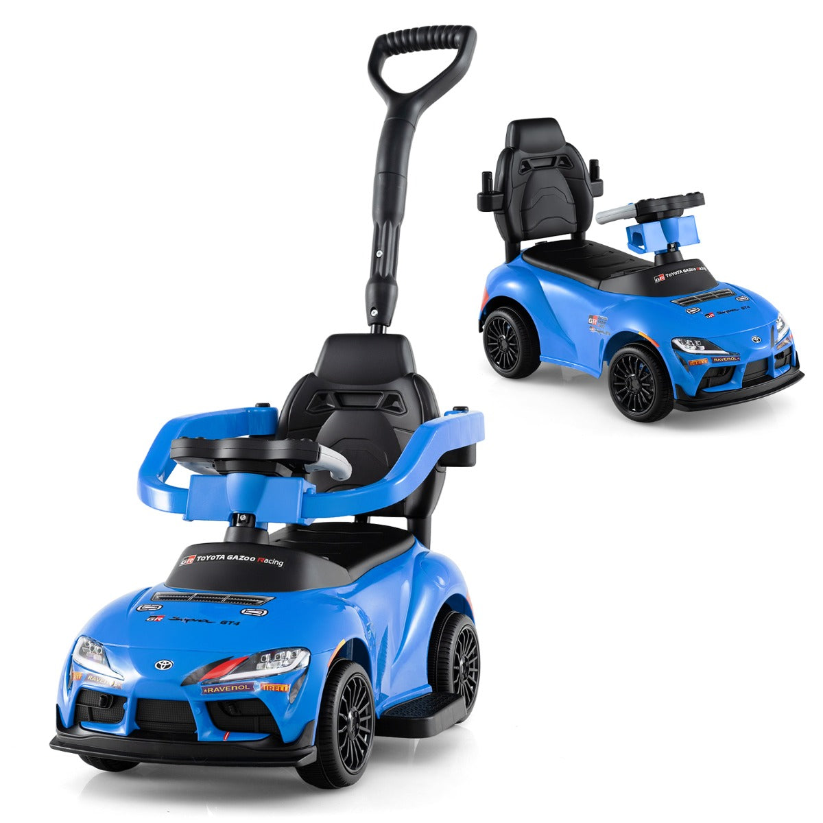 LIVSK 3-in-1 Kindervoertuig - Duwauto, Loopwagen & Zitvoertuig - Ergonomische Rugleuning - Verborgen Opbergruimte - Blauw/Wit
