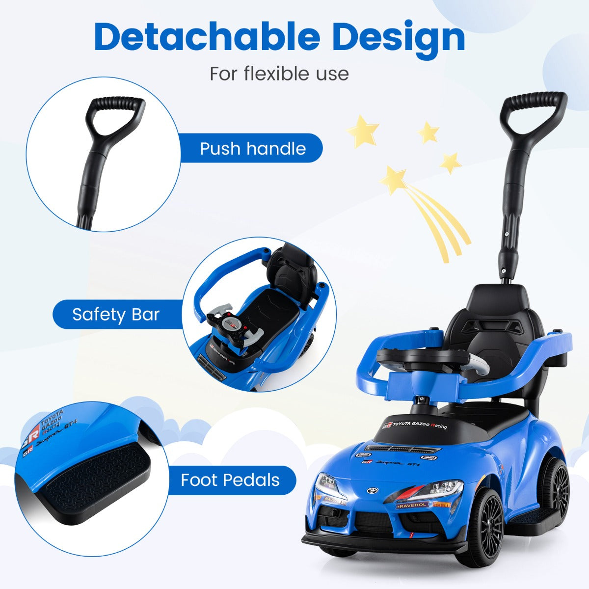 LIVSK 3-in-1 Kindervoertuig - Duwauto, Loopwagen & Zitvoertuig - Ergonomische Rugleuning - Verborgen Opbergruimte - Blauw/Wit