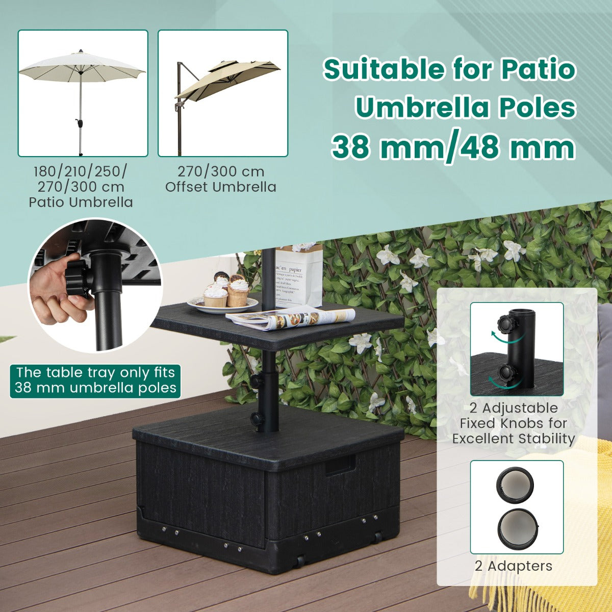 LIVSK 3-in-1 Paraplubak - Multifunctioneel Ontwerp - HDPE & Metaal - Met Wielen en Handgrepen - Geschikt voor 38/48 mm Parasols -