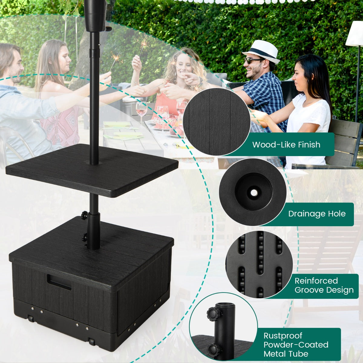 LIVSK 3-in-1 Paraplubak - Multifunctioneel Ontwerp - HDPE & Metaal - Met Wielen en Handgrepen - Geschikt voor 38/48 mm Parasols -