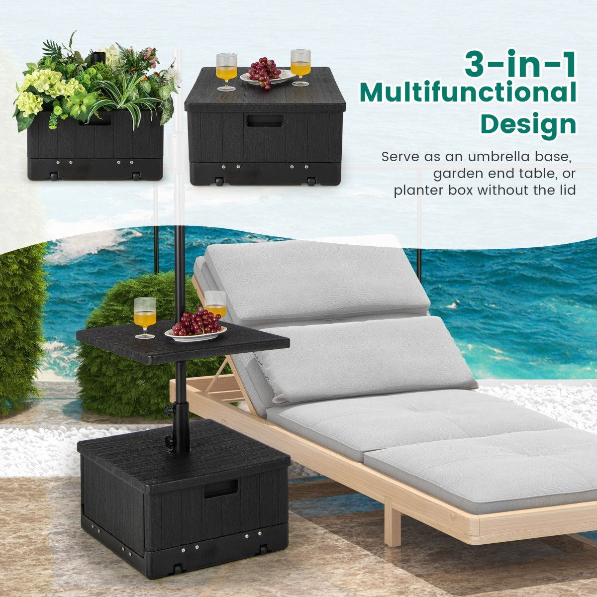 LIVSK 3-in-1 Paraplubak - Multifunctioneel Ontwerp - HDPE & Metaal - Met Wielen en Handgrepen - Geschikt voor 38/48 mm Parasols -