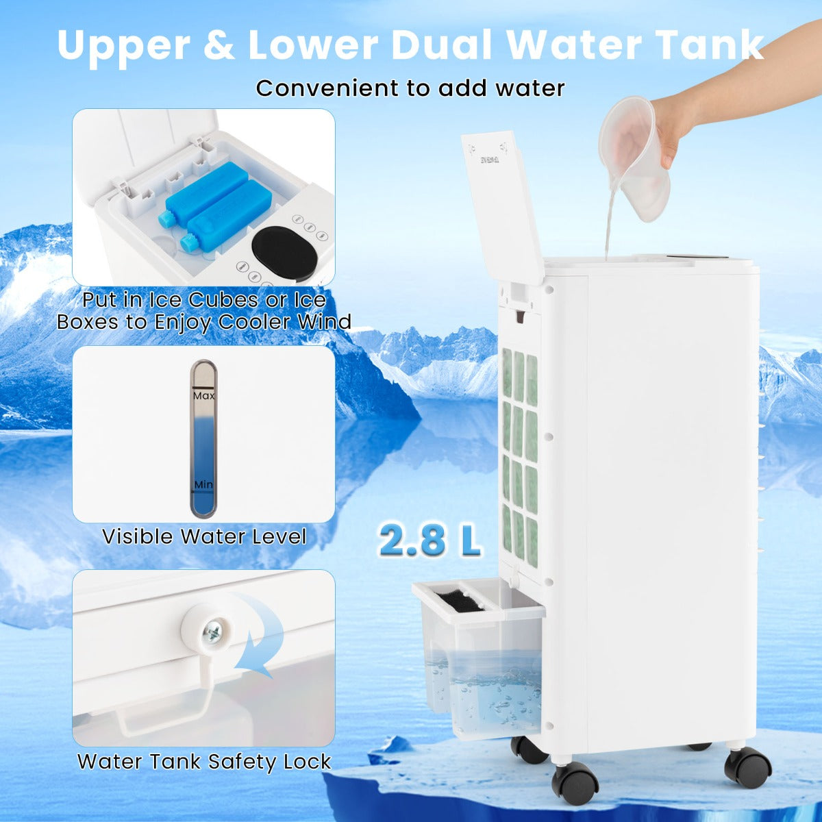 LIVSK 3-in-1 Verdampingsluchtkoeler - Draagbaar - 2,8L Watertank - Afstandsbediening - Geluidsarm - Wit