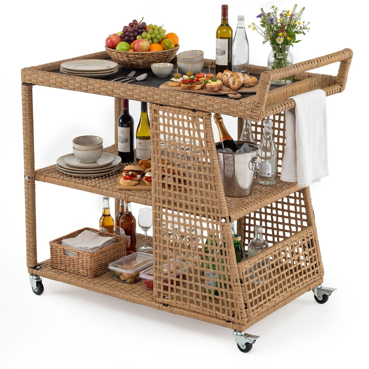 LIVSK 3-laags Serveertrolley - Weerbestendig PE-rotan - 30 kg per Niveau - 4 Wieltjes met Rem - Naturel