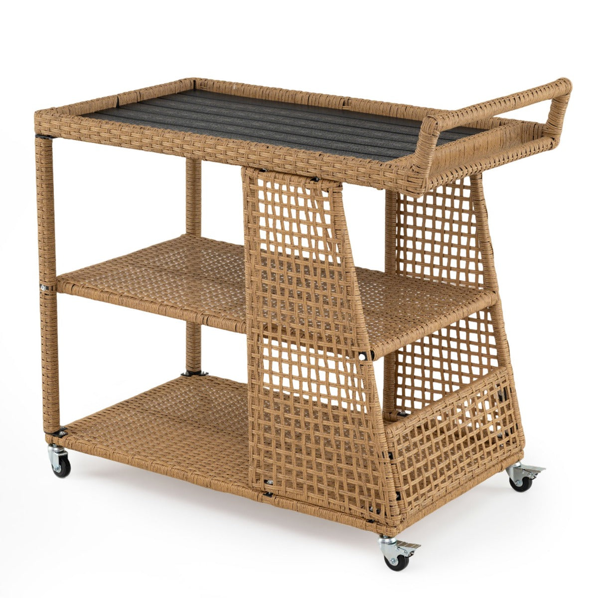LIVSK 3-laags Serveertrolley - Weerbestendig PE-rotan - 30 kg per Niveau - 4 Wieltjes met Rem - Naturel