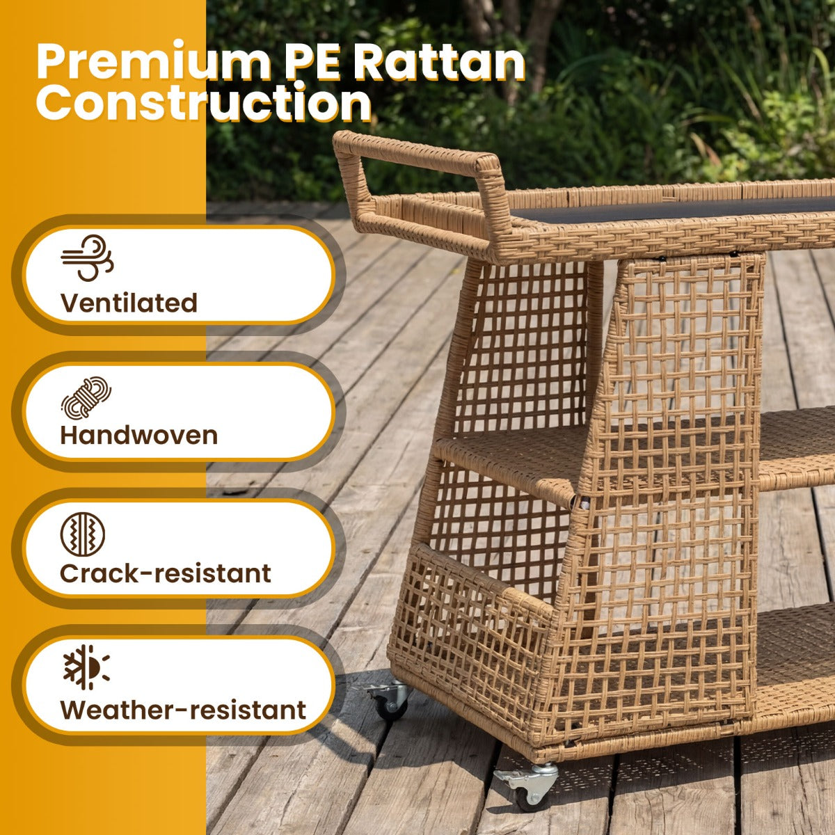 LIVSK 3-laags Serveertrolley - Weerbestendig PE-rotan - 30 kg per Niveau - 4 Wieltjes met Rem - Naturel