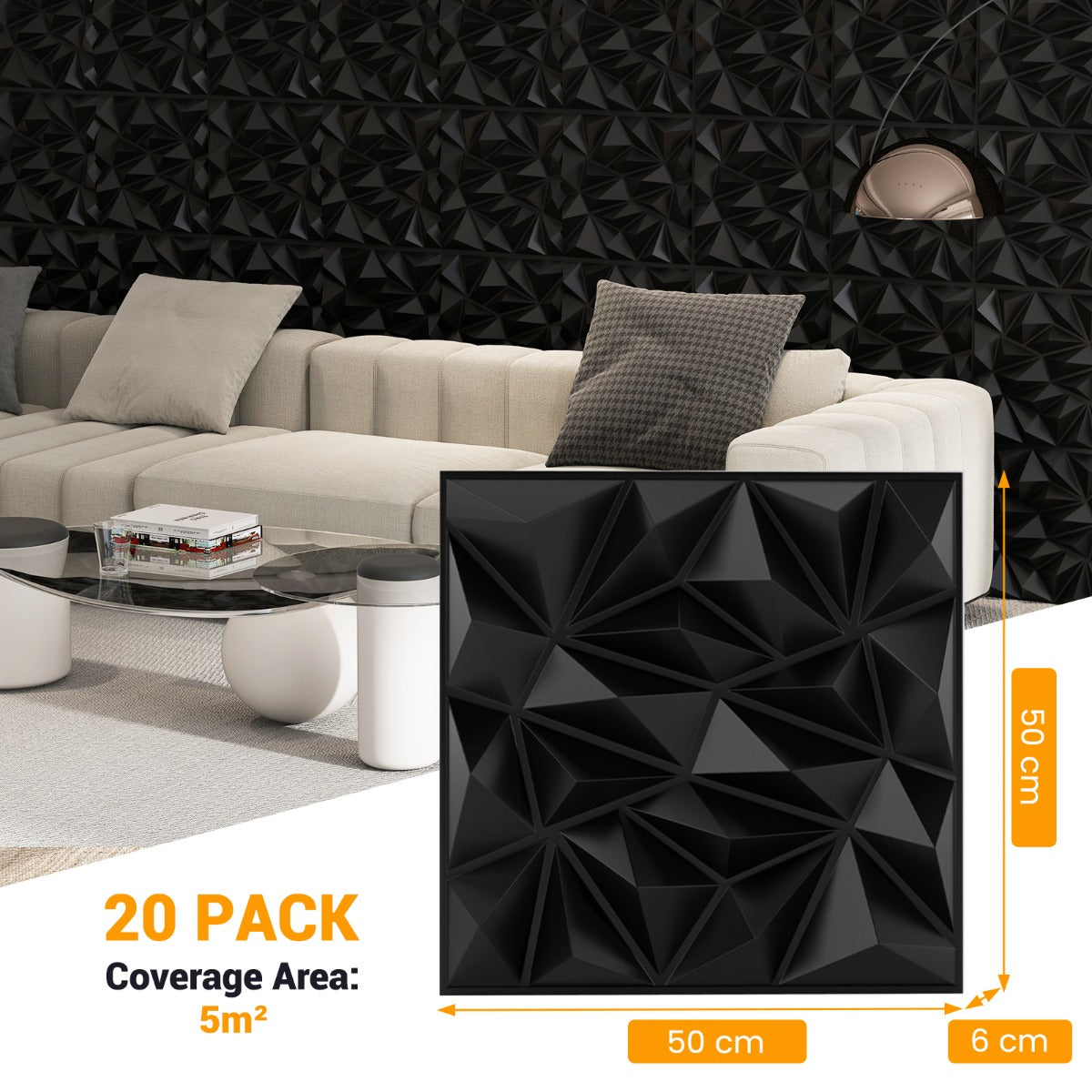 LIVSK 3D Wandpanelen - Diamant Patroon - Set van 20 Stuks - Zelfklevend - Waterbestendig - 50 x 50 cm - Zwart