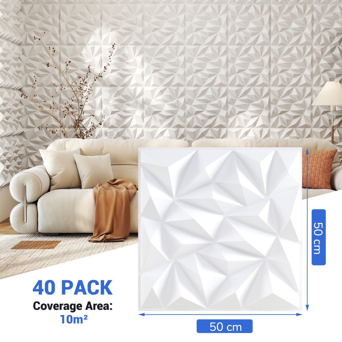 LIVSK 3D Wandpanelen - Diamant Patroon - Set van 40 Stuks - Eenvoudige Installatie - Waterbestendig - Wit