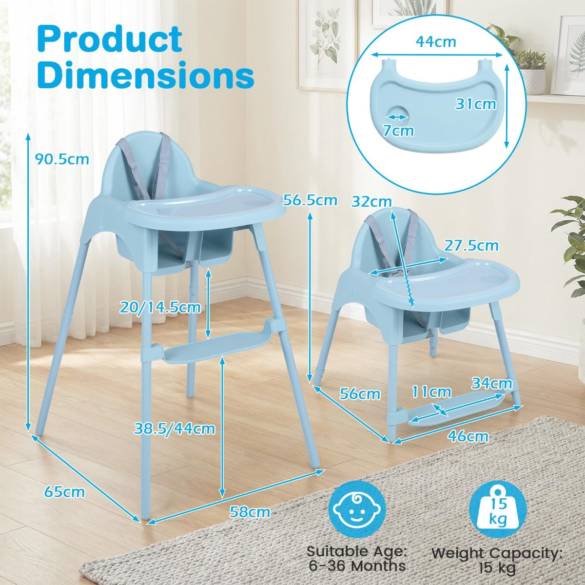 LIVSK 4-in-1 Kinderstoel - Omvormbaar Ontwerp - Dubbel Dienblad - Stabiele Structuur - Ergonomische Ondersteuning - Blauw