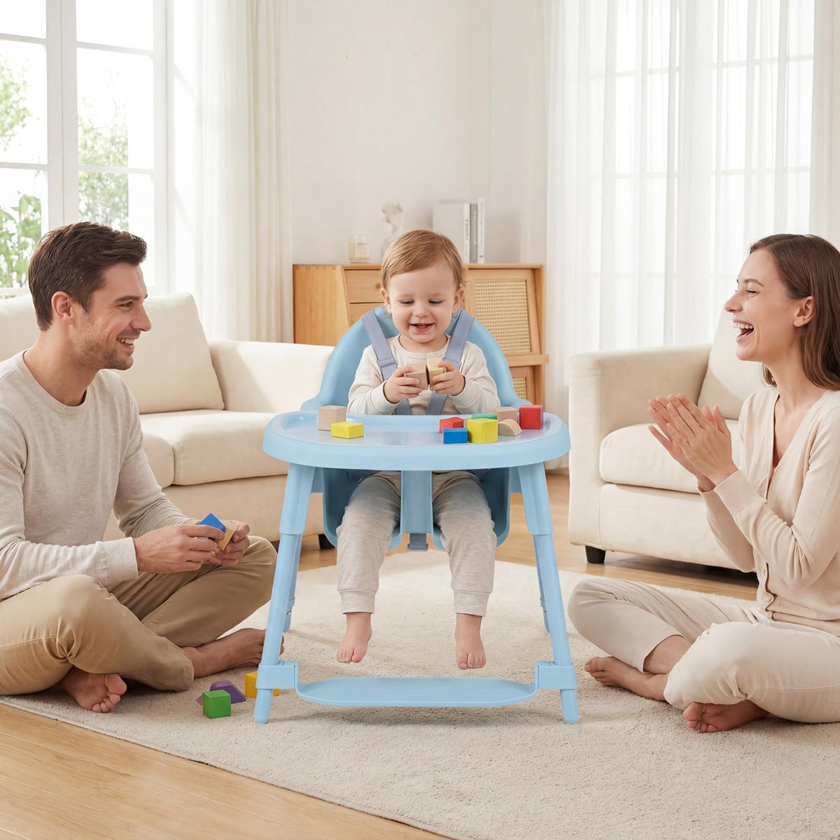 LIVSK 4-in-1 Kinderstoel - Omvormbaar Ontwerp - Dubbel Dienblad - Stabiele Structuur - Ergonomische Ondersteuning - Blauw