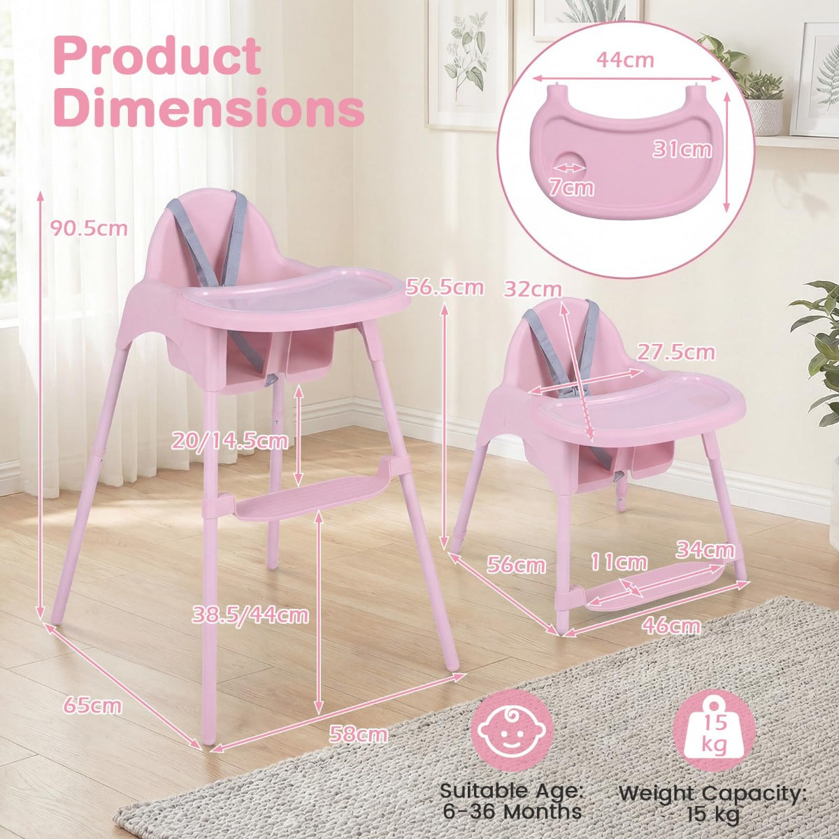 LIVSK 4-in-1 Kinderstoel - Verstelbaar Dubbellaags Dienblad - Stabiele Structuur - Ergonomische Ondersteuning - Blauw/Kaki/Roze