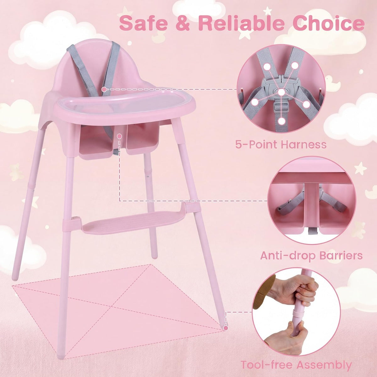 LIVSK 4-in-1 Kinderstoel - Verstelbaar Dubbellaags Dienblad - Stabiele Structuur - Ergonomische Ondersteuning - Blauw/Kaki/Roze
