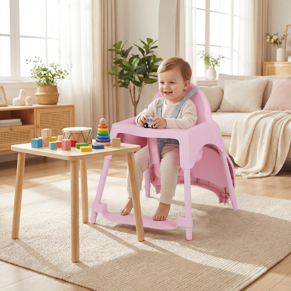 LIVSK 4-in-1 Kinderstoel - Verstelbaar Dubbellaags Dienblad - Stabiele Structuur - Ergonomische Ondersteuning - Blauw/Kaki/Roze