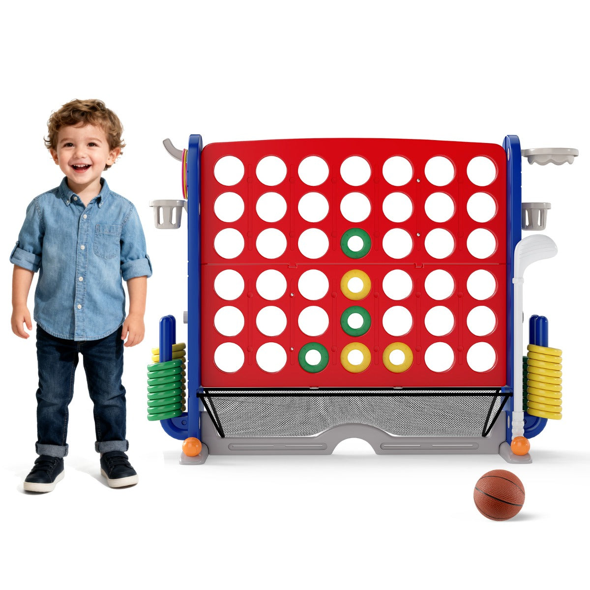 LIVSK 4-in-1 Reuzenspeelset - Vier Spellen in Één - Verstelbaar - Inclusief Opbergtas - Voor Kinderen en Volwassenen - Blauw &