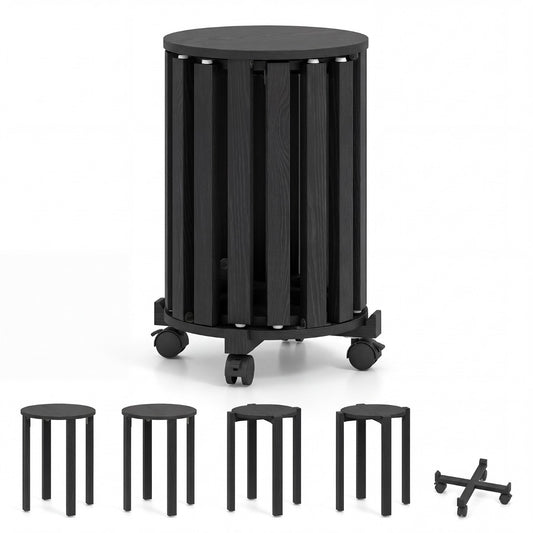 LIVSK 4-in-1 Stapelbare Set - 2 Grote & 2 Kleine Krukken - Onderstel met Wieltjes - Eenvoudige Montage - Wit/Zwart/Walnoot