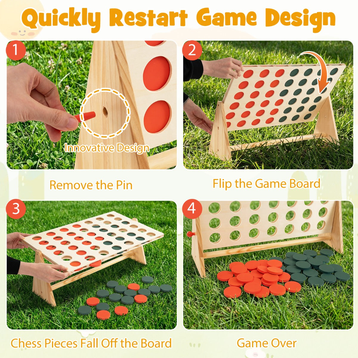 LIVSK 4-op-een-rij-spel - Eenvoudige Spelregels - Duurzaam Grenenhout - Voor Binnen en Buiten - Naturel