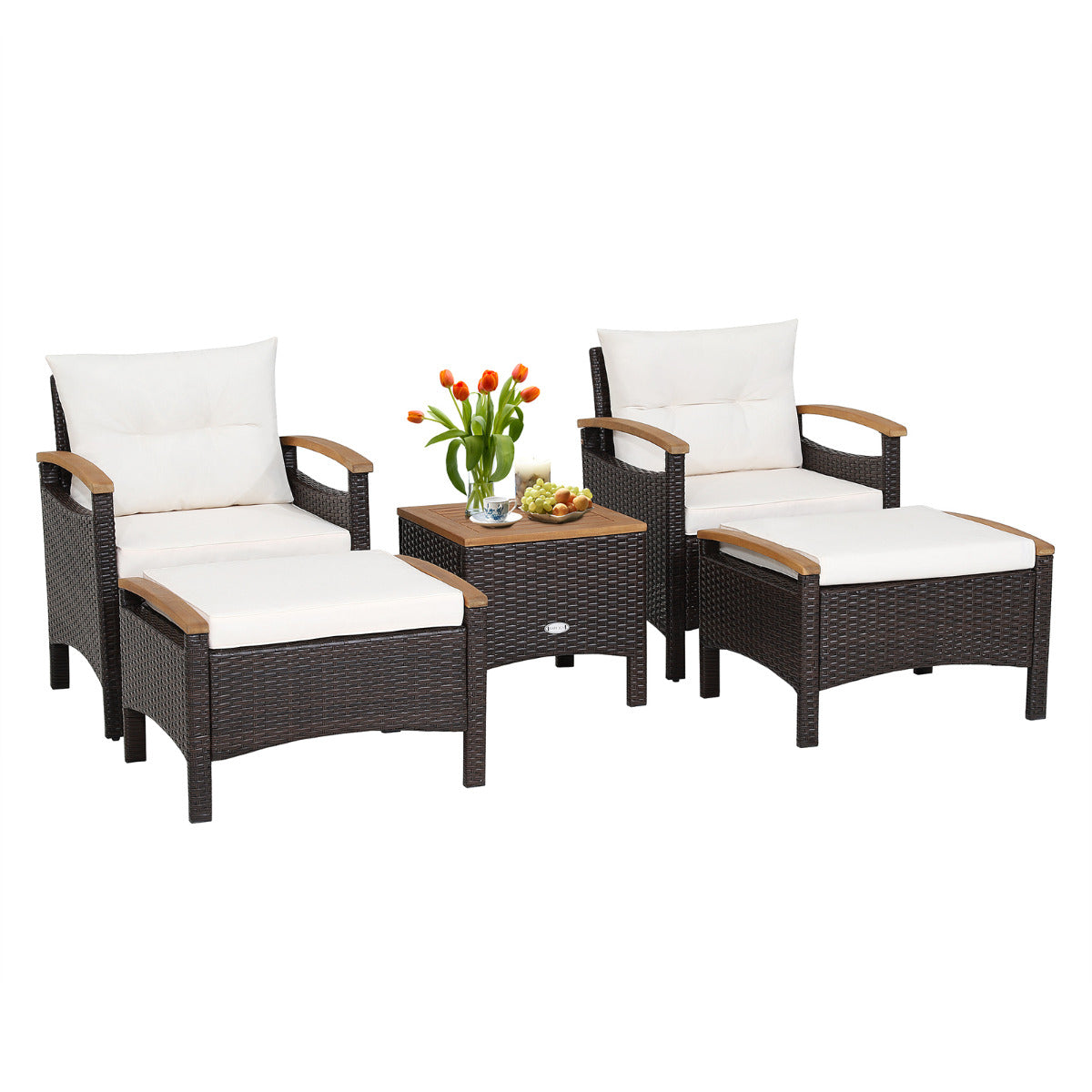 LIVSK 5-Delige Patio Rotan Set - Comfortabele Zitkussens - Duurzaam Acaciahout - Multifunctionele Poef - Buitengebruik