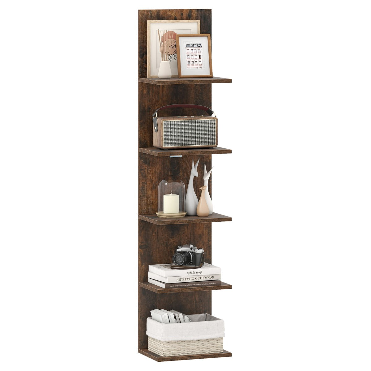 LIVSK 5-Laags Wandplank - Ruimtebesparend Ontwerp - Betrouwbare Houten Constructie - Voor Boeken en Decoraties - Rustiek Bruin/Wit