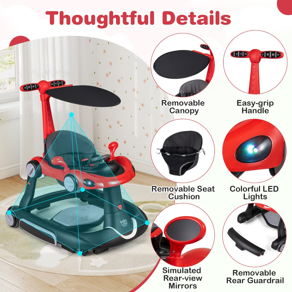 LIVSK 7-in-1 Babywalker - Verstelbare Hoogte en Snelheid - Veilig Ontwerp - Interactief Speelplatform - Zwart en Rood