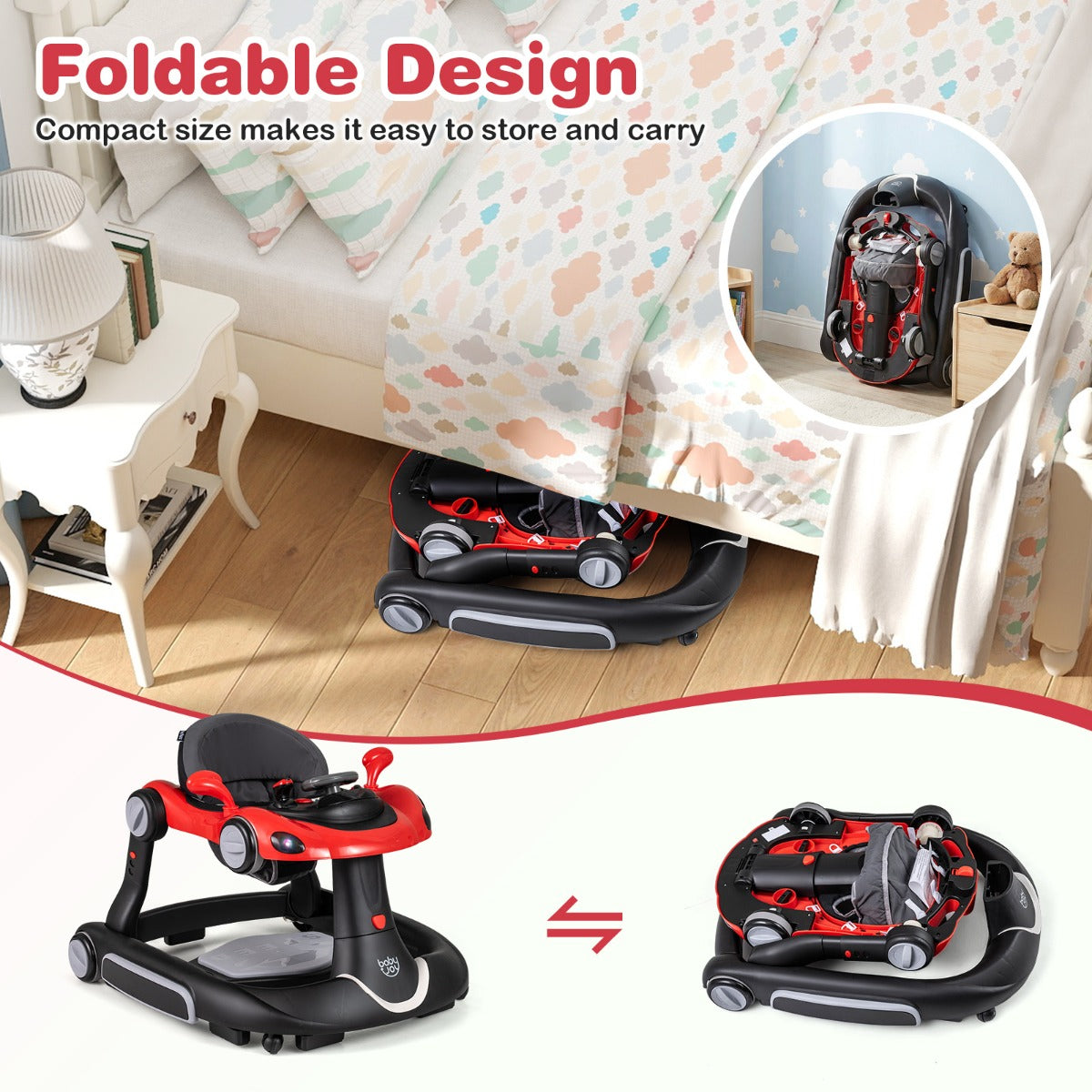 LIVSK 7-in-1 Babywalker - Verstelbare Hoogte en Snelheid - Veilig Ontwerp - Interactief Speelplatform - Zwart en Rood