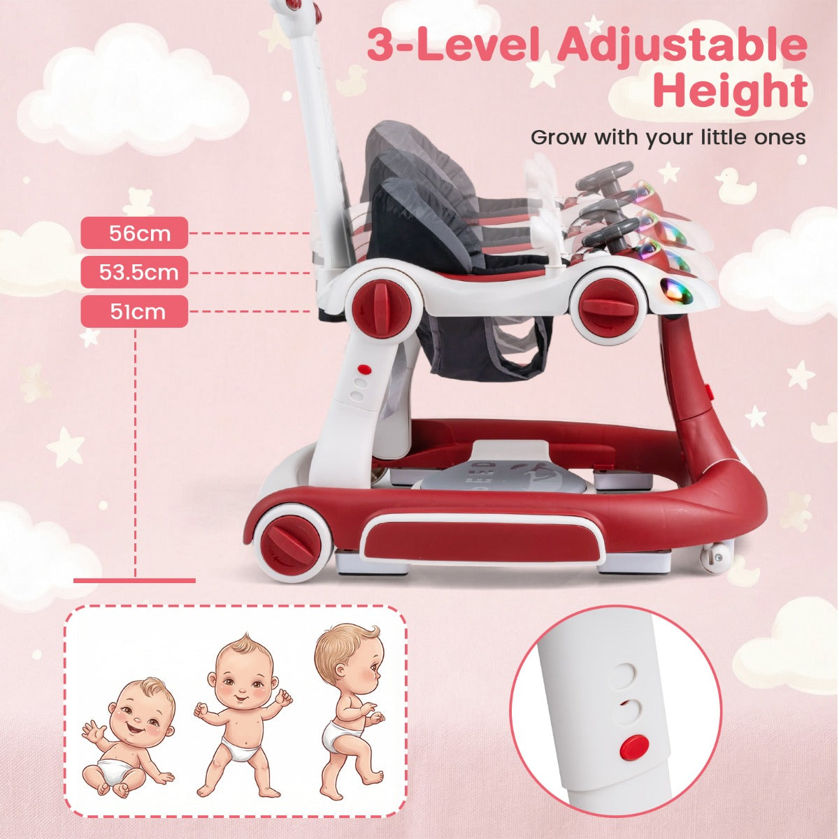 LIVSK 7-in-1 Babywalker - Verstelbare Hoogte - Veiligheidsfuncties - Interactief Speelplatform - Geschikt voor 6-18 maanden -