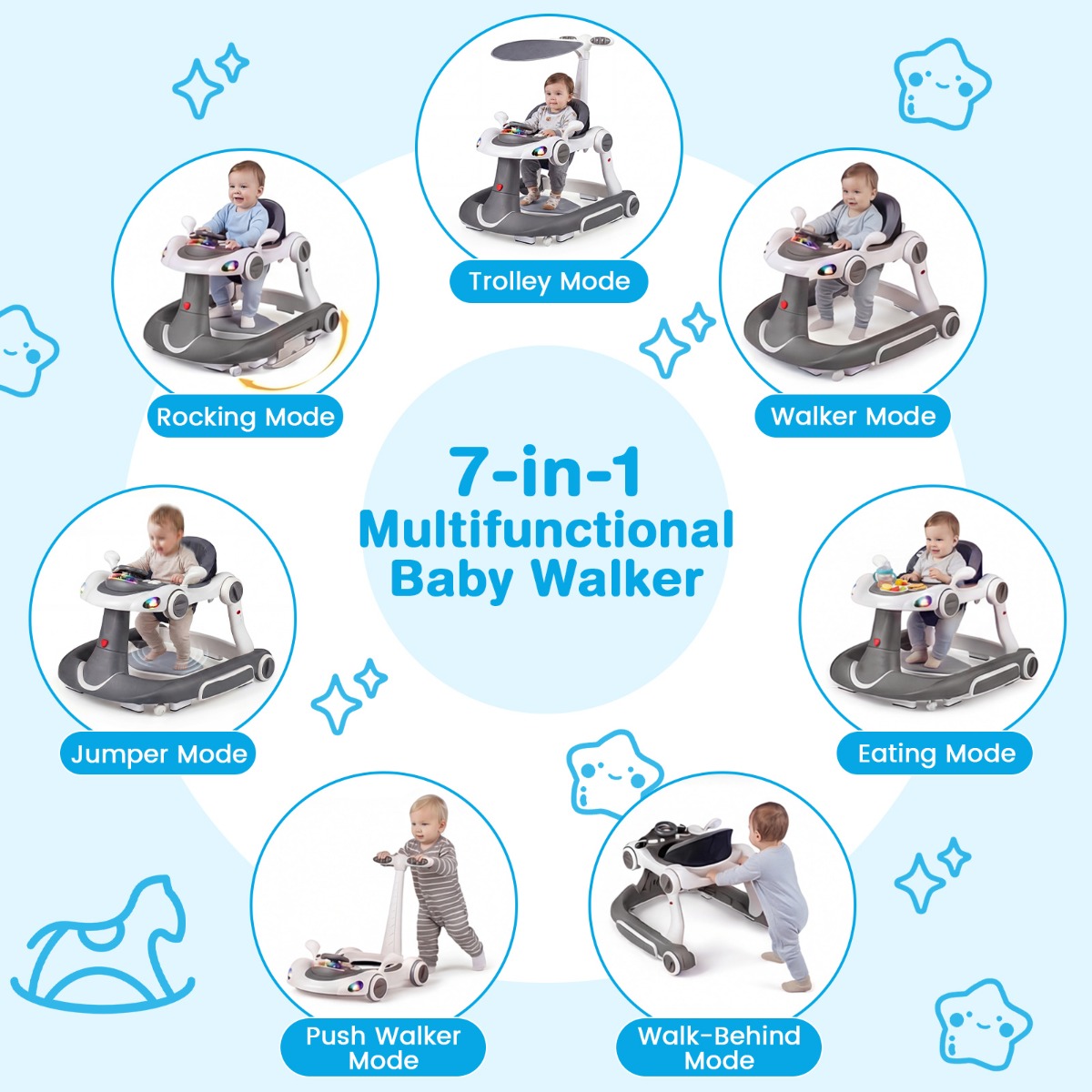 LIVSK 7-in-1 Babywalker - Verstelbare Hoogte - Veiligheidsfuncties - Interactief Speelplatform - Geschikt voor 6-18 maanden -