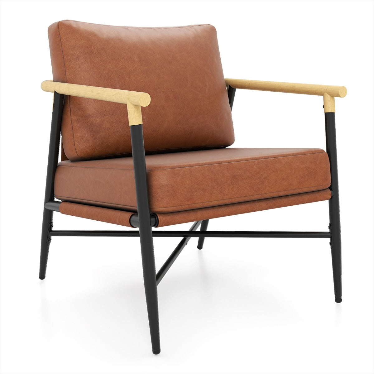 LIVSK Accentstoel - Kunstleren Bekleding - Afneembare Kussens - Ergonomisch Ontwerp - Robuust Metalen Frame - Bruin