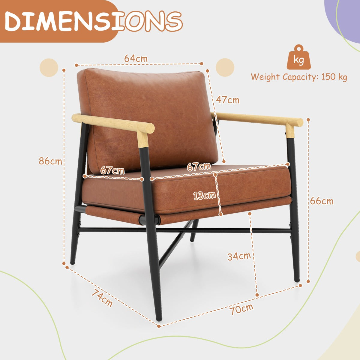 LIVSK Accentstoel - Kunstleren Bekleding - Afneembare Kussens - Ergonomisch Ontwerp - Robuust Metalen Frame - Bruin
