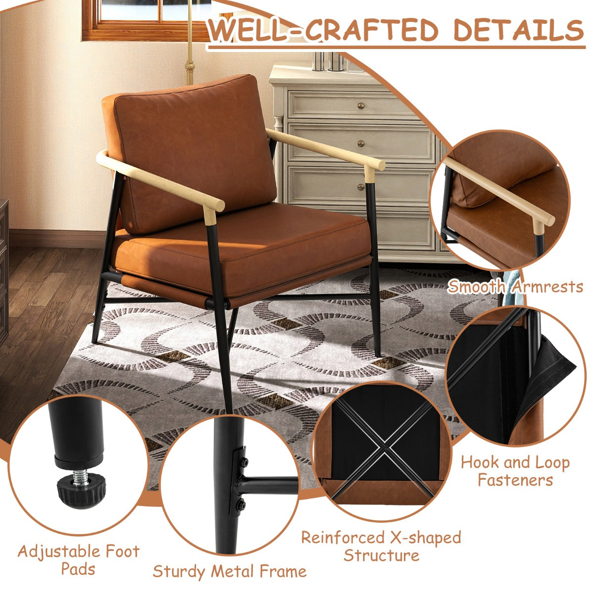 LIVSK Accentstoel - Kunstleren Bekleding - Afneembare Kussens - Ergonomisch Ontwerp - Robuust Metalen Frame - Bruin