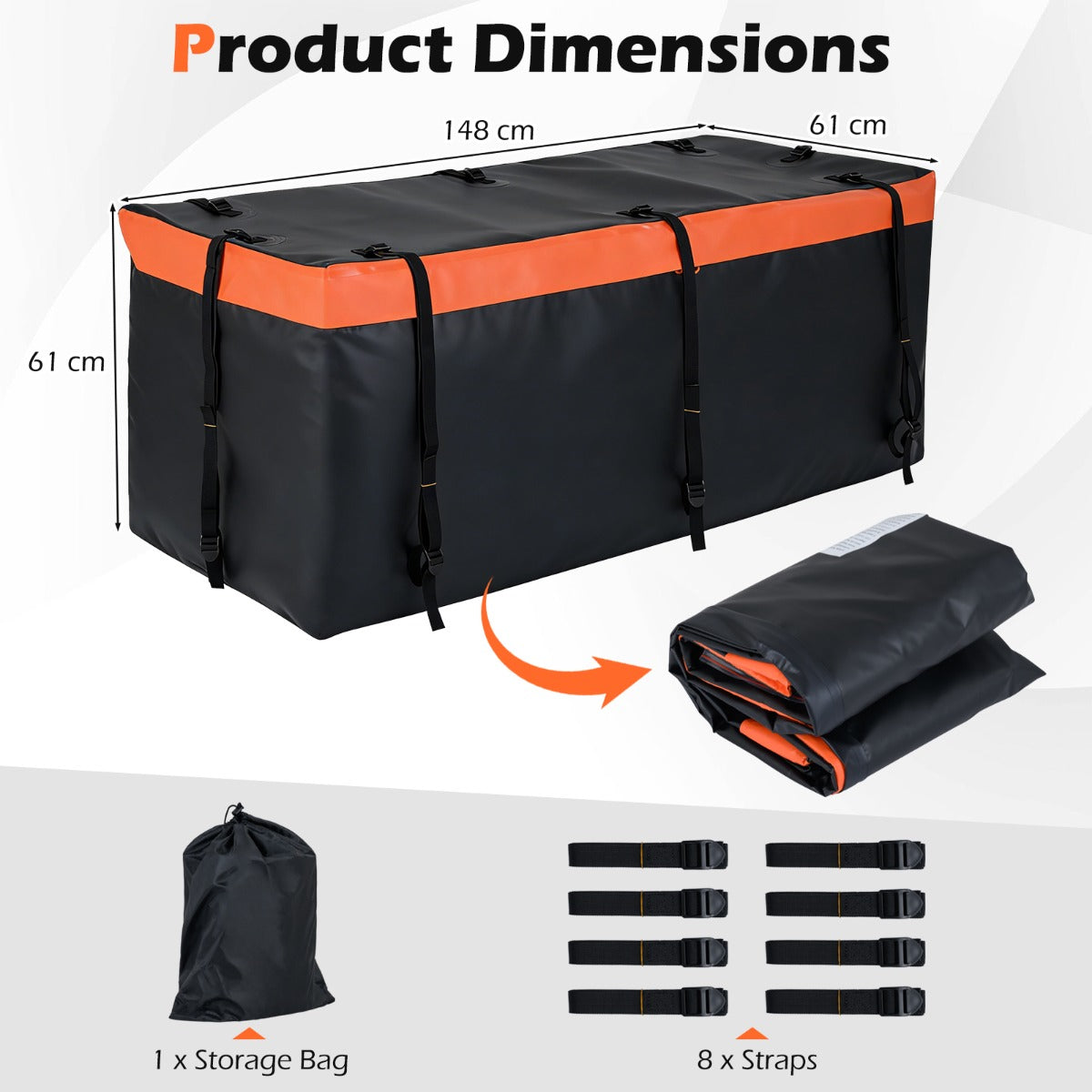 LIVSK Achterkoffer voor Auto - Waterdicht PVC - Ruime Capaciteit 255L/455L/566L - Versterkte Riemen - Oranje+Zwart