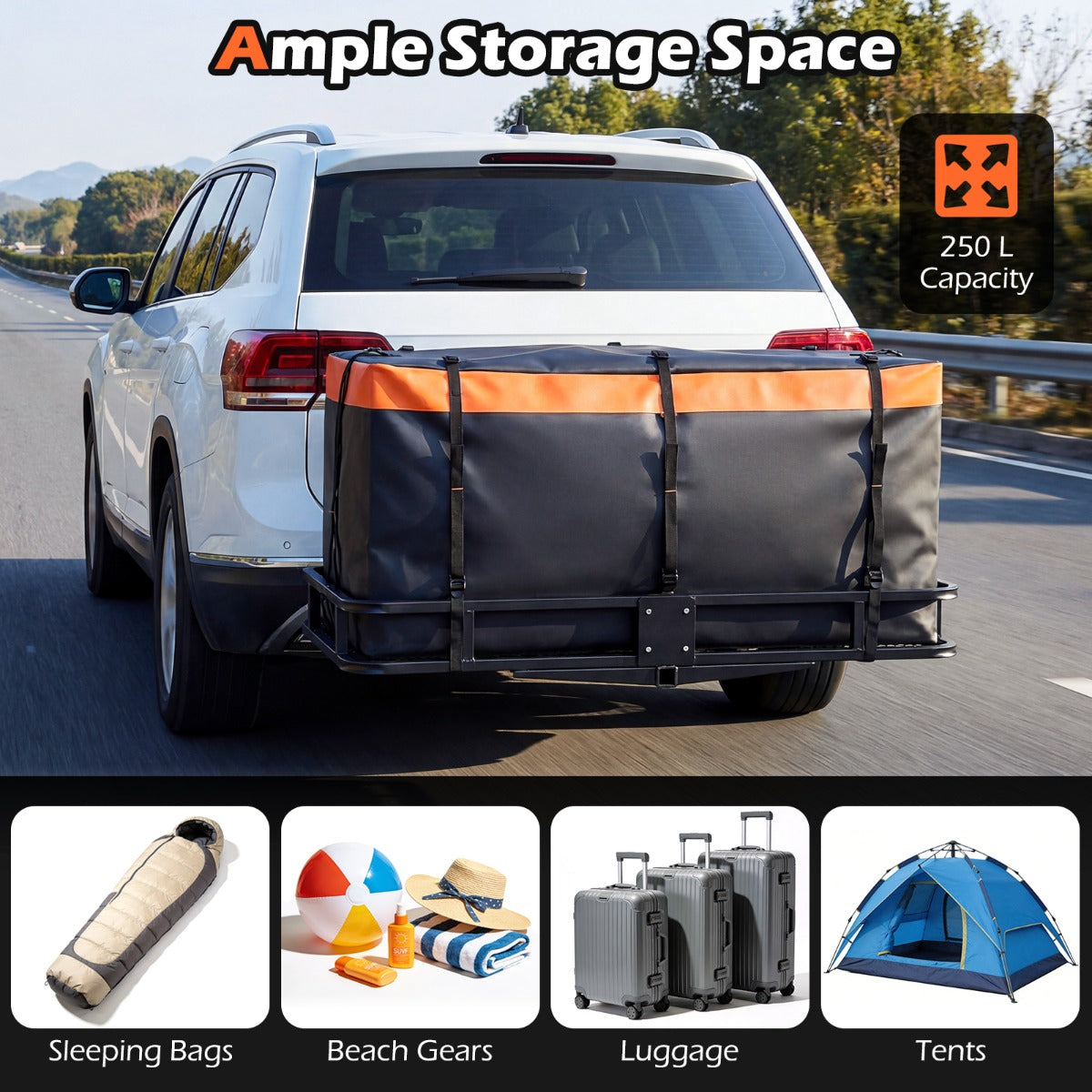 LIVSK Achterkoffer voor Auto - Waterdicht PVC - Ruime Capaciteit 255L/455L/566L - Versterkte Riemen - Oranje+Zwart