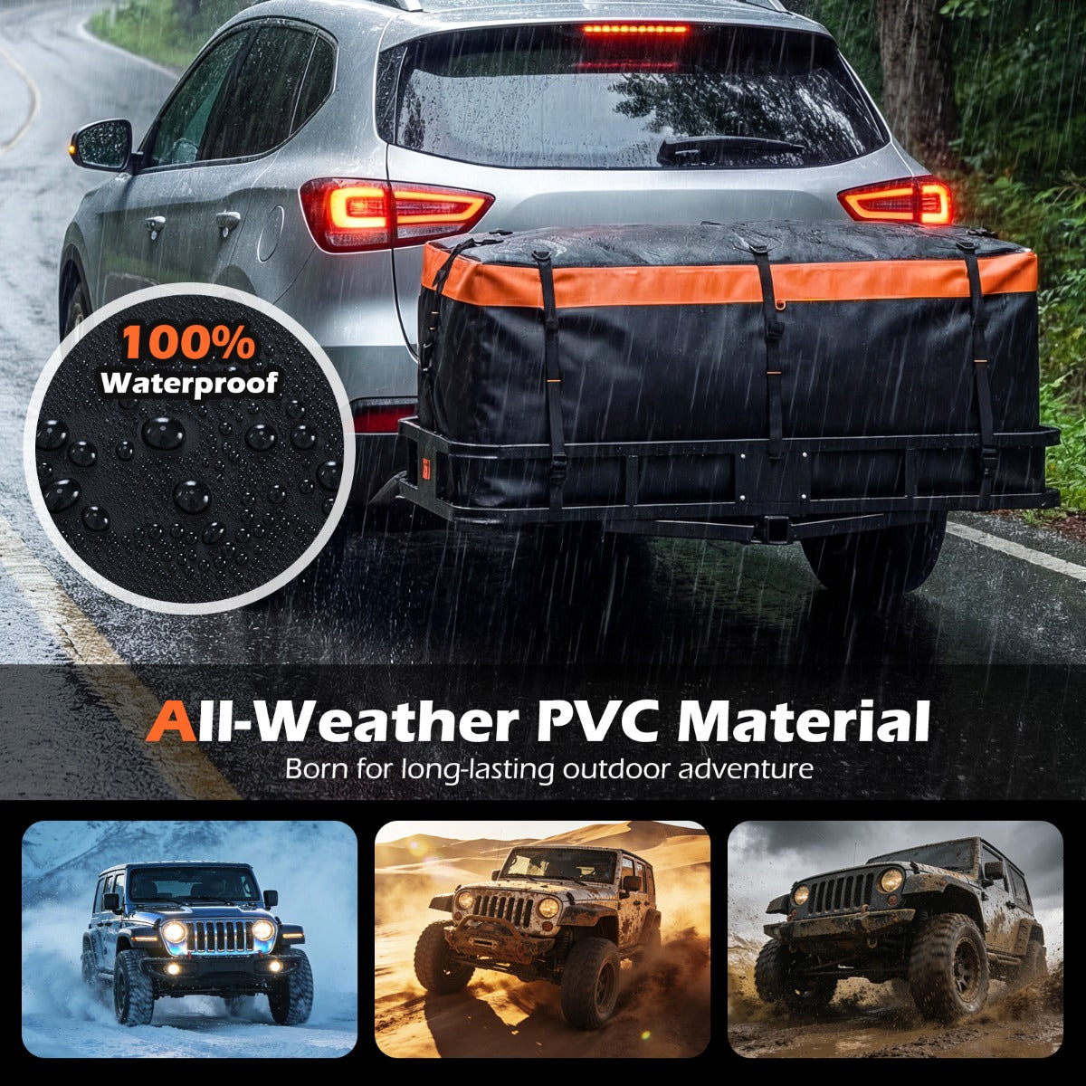 LIVSK Achterkoffer voor Auto - Waterdicht PVC - Ruime Capaciteit 255L/455L/566L - Versterkte Riemen - Oranje+Zwart