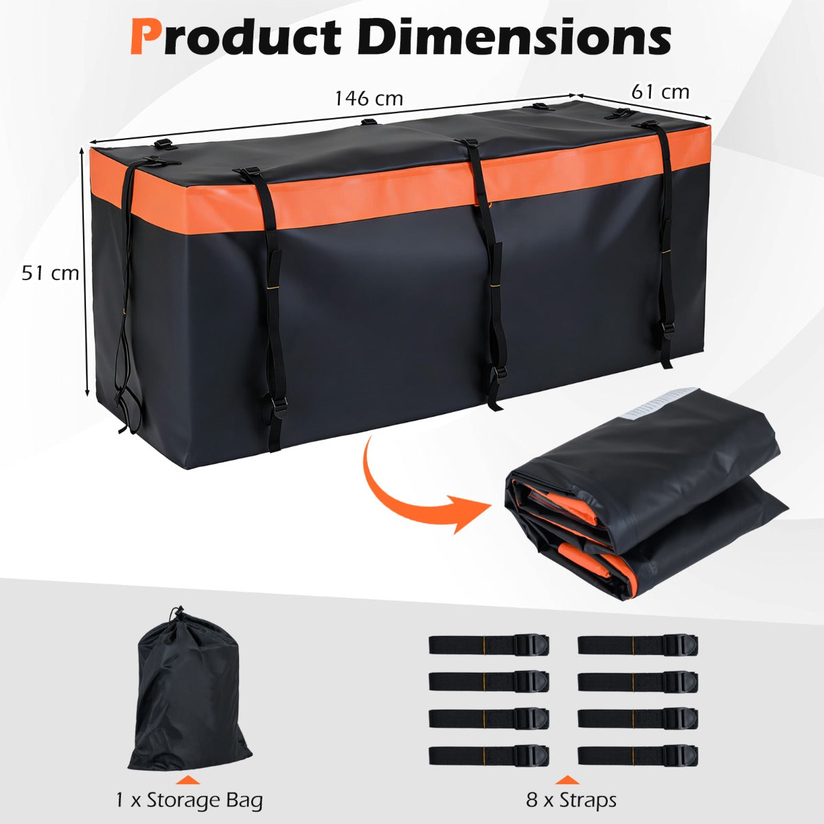 LIVSK Achterkoffer - Waterdicht PVC - Ruime Capaciteit 255L/455L/566L - Versterkte Bevestigingsriemen - Oranje+Zwart