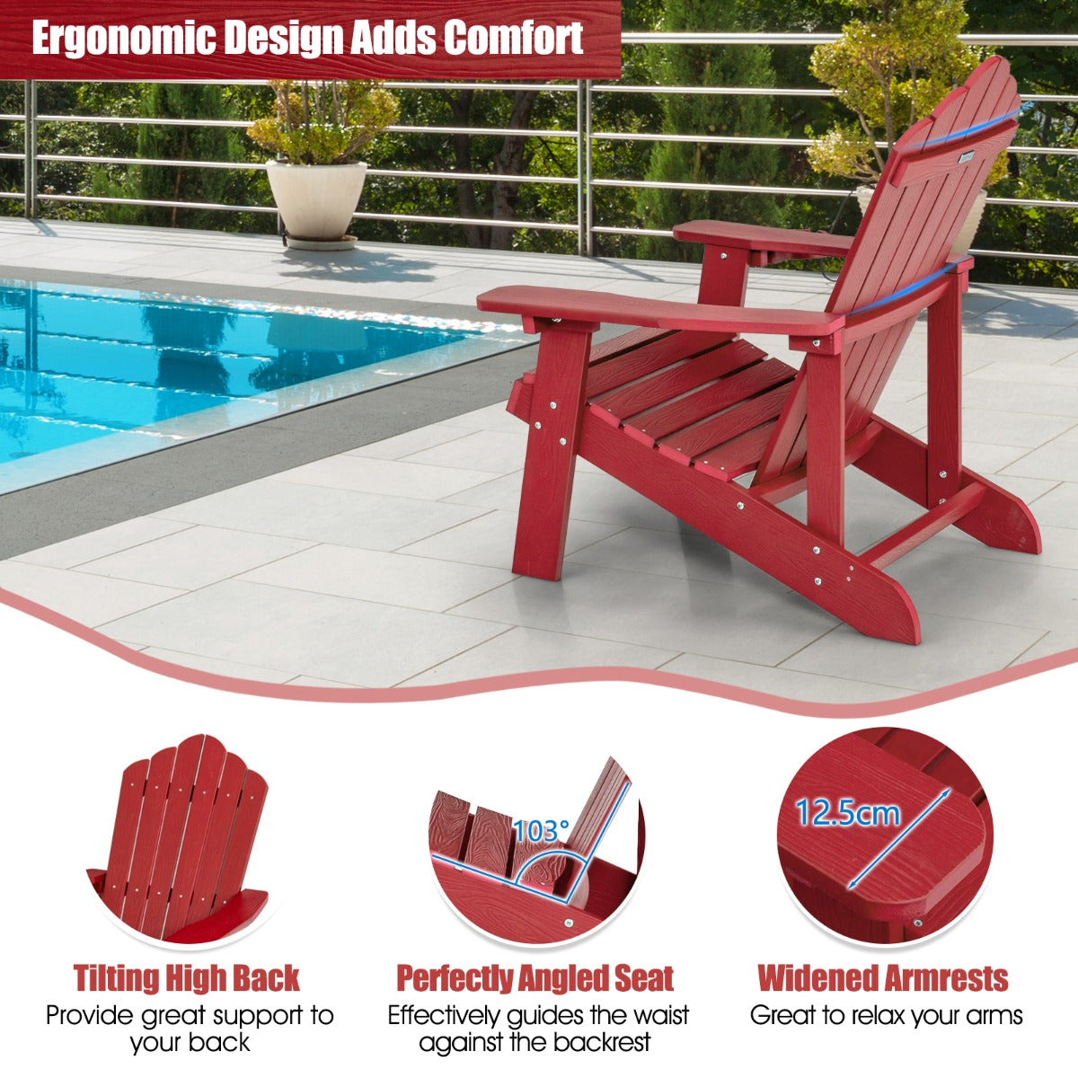 LIVSK Adirondack Stoel - Ergonomisch Ontwerp - Bekerhouder - Weerbestendig HIPS - Tot 170 kg - Wit/Zwart/Blauw/Grijs/Rood