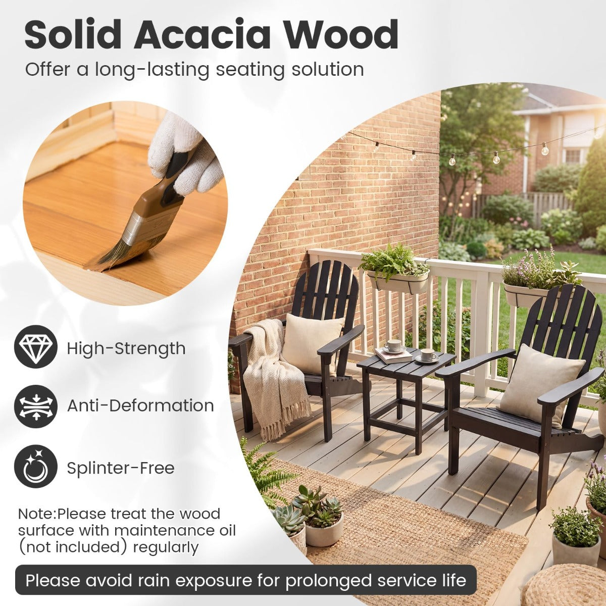 LIVSK Adirondack Stoel - Massief Acaciahout - Ergonomisch Ontwerp - Draagvermogen tot 180 kg - Voor Buiten - Naturel/Zwart