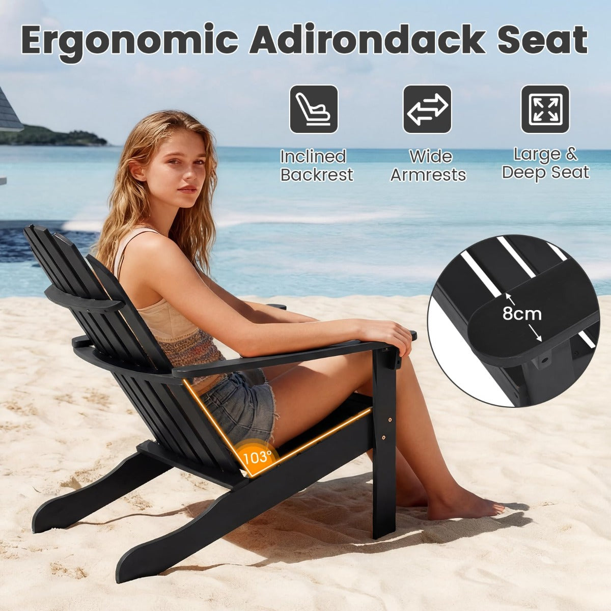 LIVSK Adirondack Stoel - Massief Acaciahout - Ergonomisch Ontwerp - Draagvermogen tot 180 kg - Voor Buiten - Naturel/Zwart