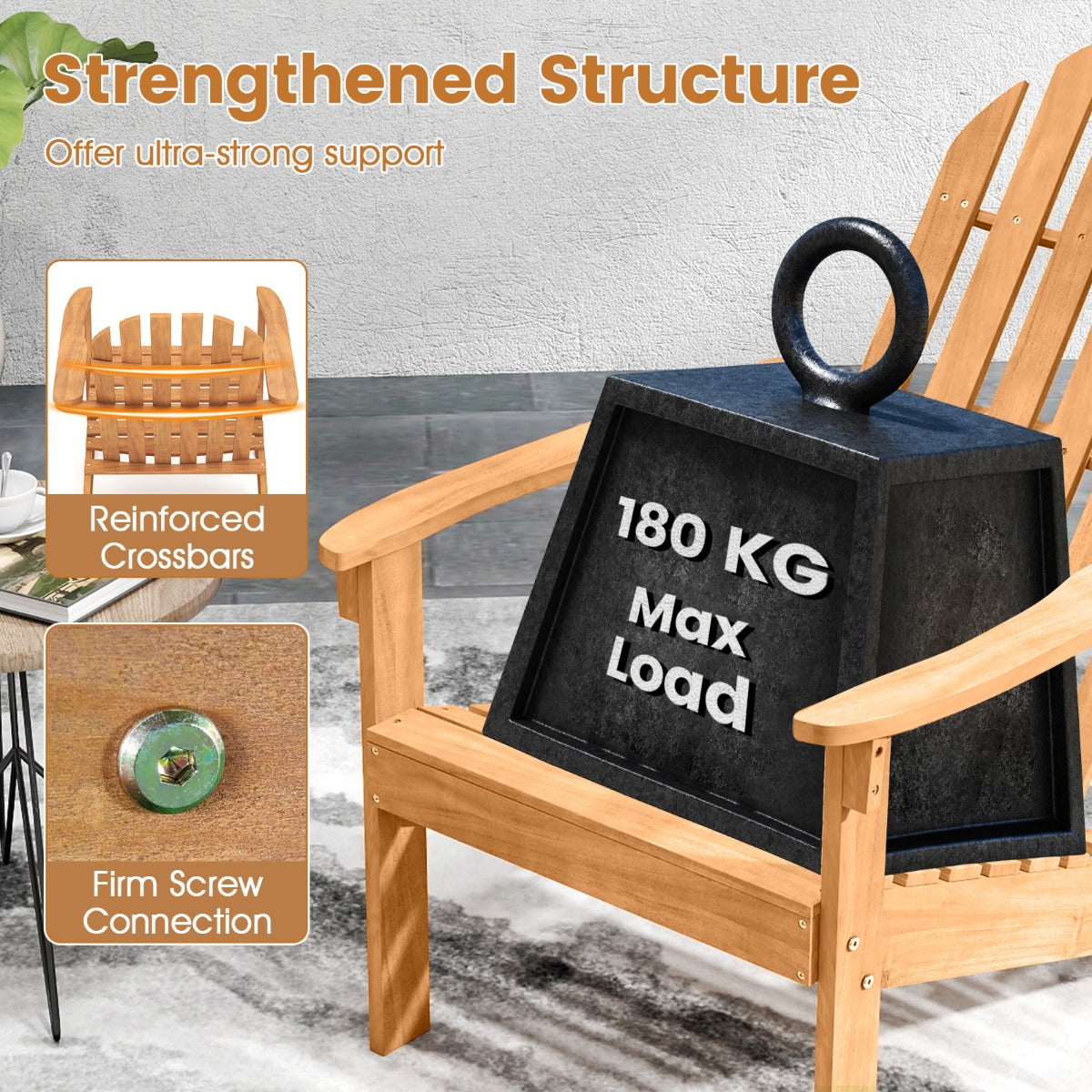 LIVSK Adirondack Stoel - Massief Acaciahout - Ergonomische Rugleuning - Robuuste Constructie - Ideaal voor Buiten - Naturel