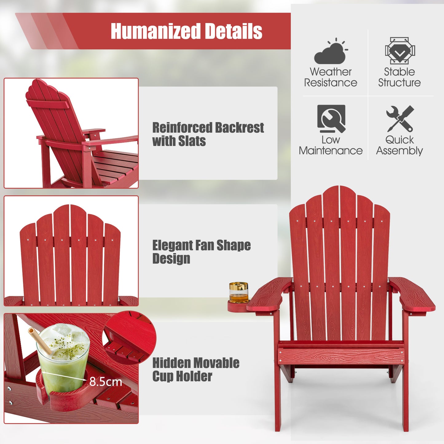 LIVSK Adirondack-stoel - Weerbestendig HIPS - Ergonomische Zitting - Bekerhouder - 170 kg Draagvermogen - Zwart