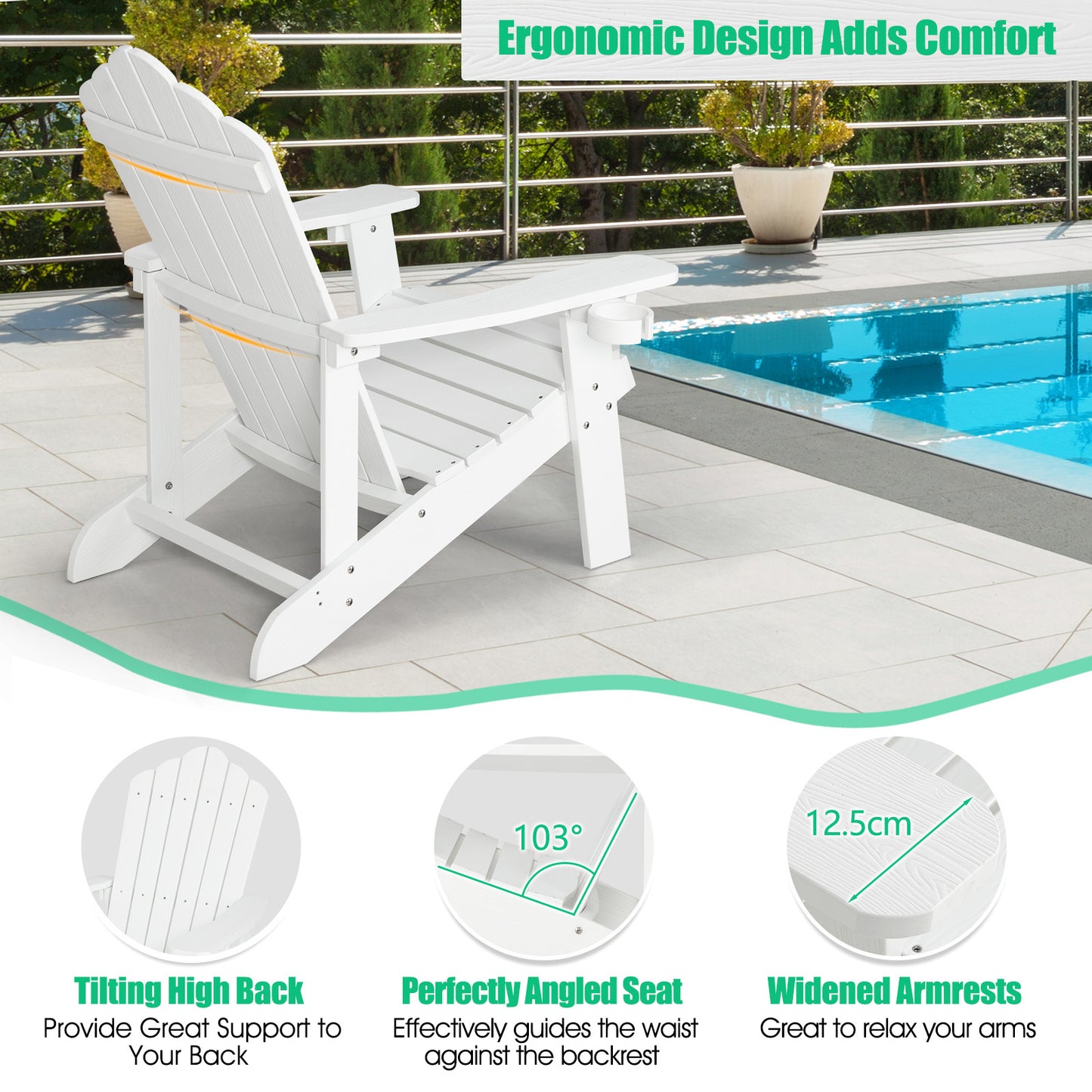LIVSK Adirondack Stoelen - Ergonomisch Design - Weerbestendig HIPS - Bekerhouder - Draagvermogen 170 kg - Zwart