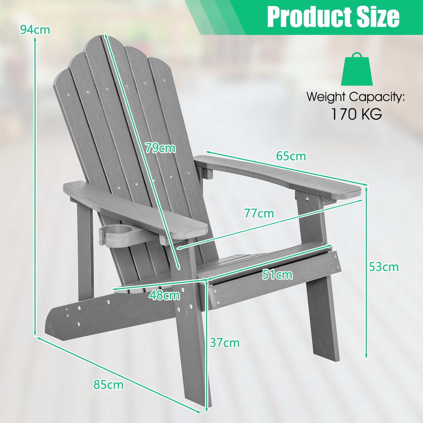 LIVSK Adirondack-stoelen - Weerbestendig HIPS-materiaal - Ergonomische Zitting - Bekerhouder - Draagvermogen 170 kg - Zwart