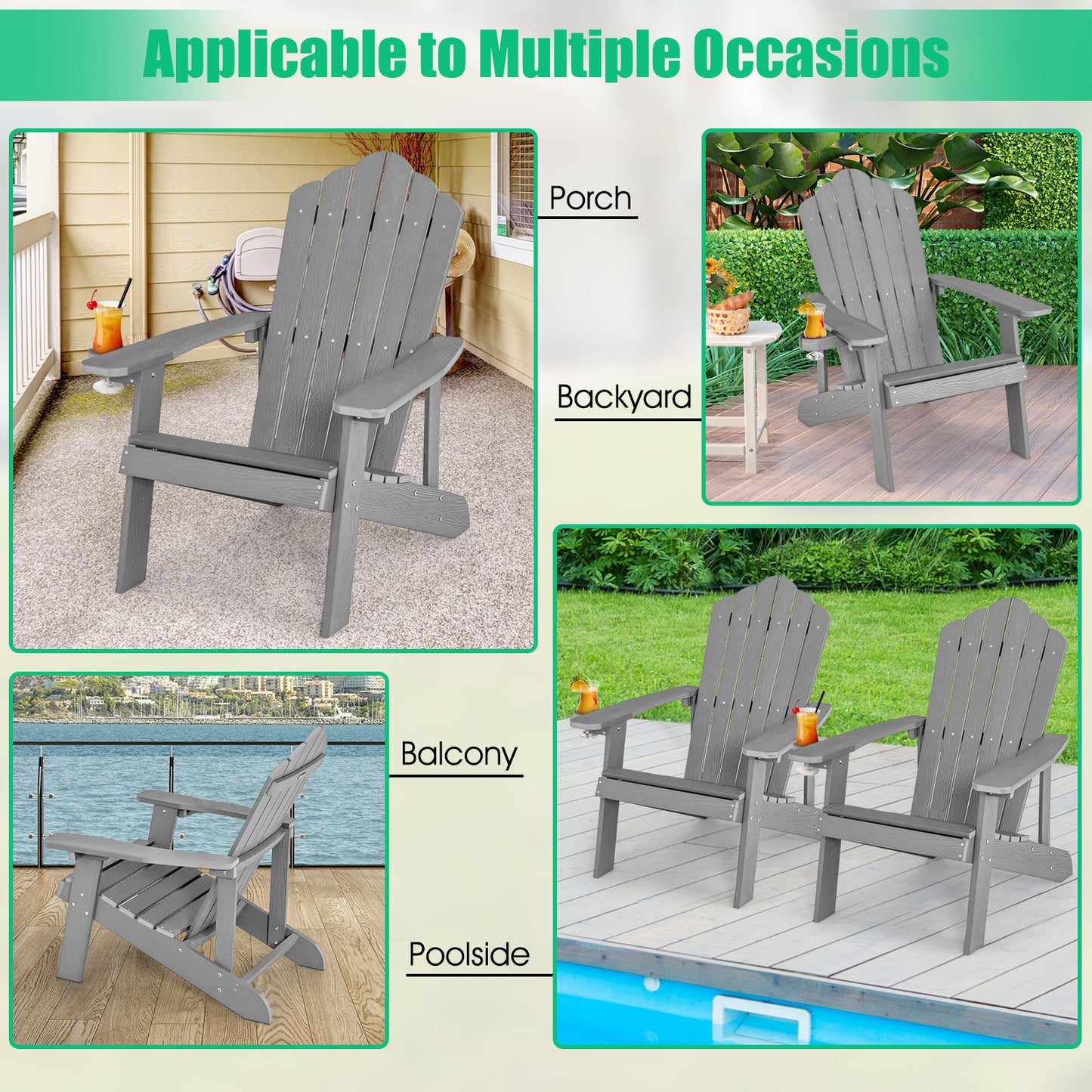 LIVSK Adirondack-stoelen - Weerbestendig HIPS-materiaal - Ergonomische Zitting - Bekerhouder - Draagvermogen 170 kg - Zwart