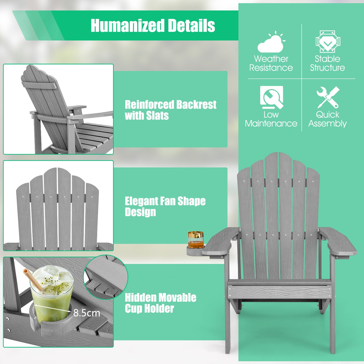 LIVSK Adirondack-stoelen - Weerbestendig HIPS-materiaal - Ergonomische Zitting - Bekerhouder - Draagvermogen 170 kg - Zwart