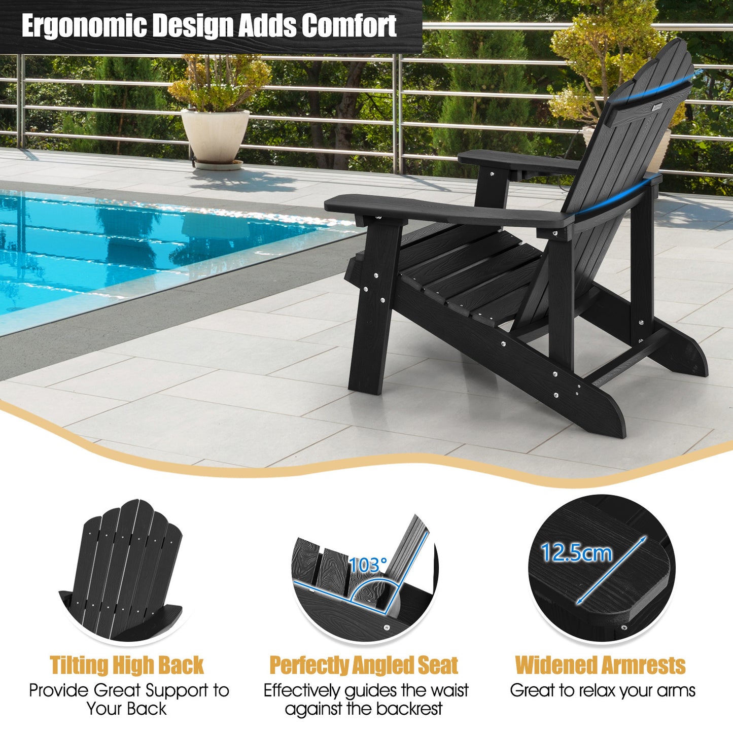 LIVSK Adirondack-stoelen - Weerbestendig HIPS-materiaal - Ergonomische Zitting - Draaibare Bekerhouder - Zwart