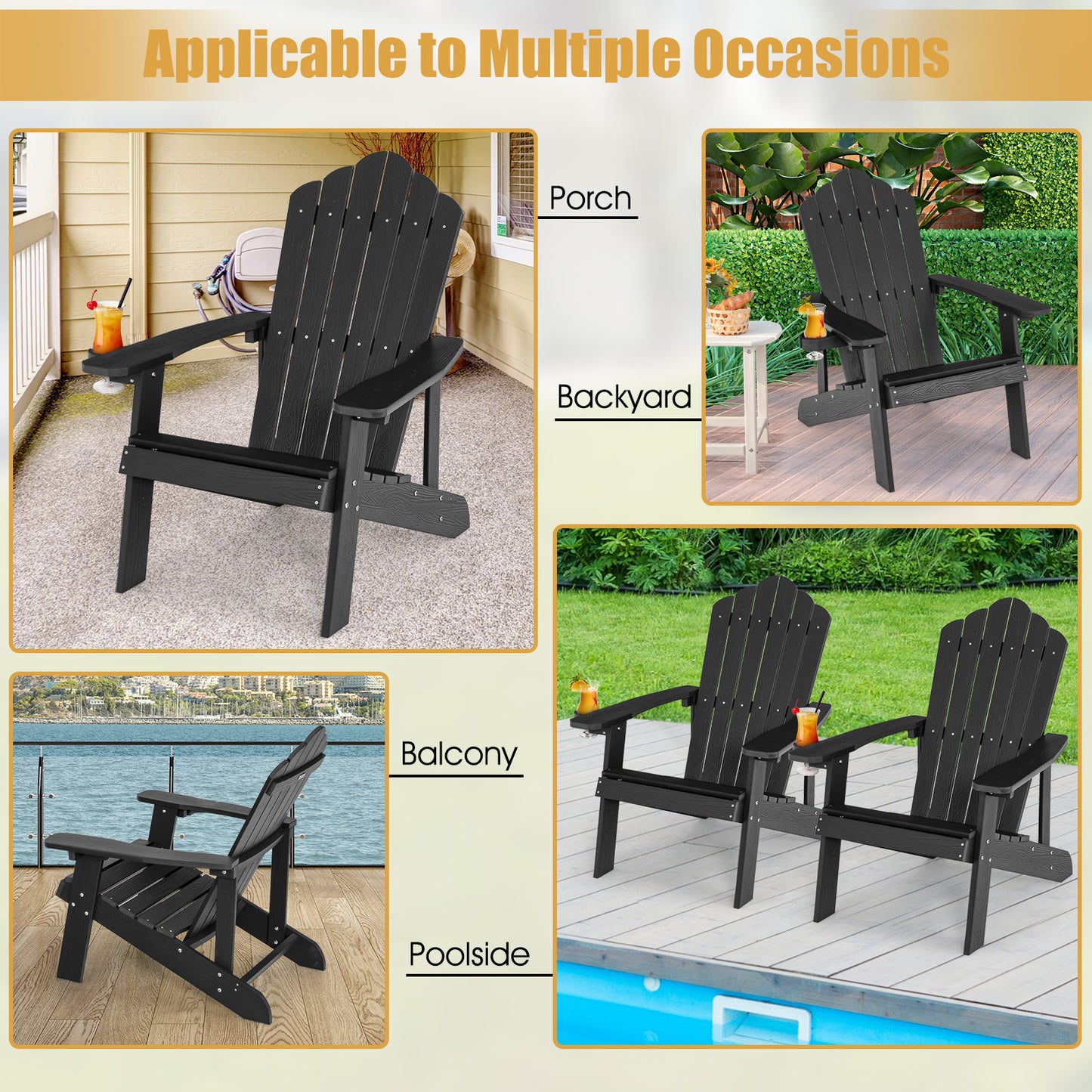 LIVSK Adirondack-stoelen - Weerbestendig HIPS-materiaal - Ergonomische Zitting - Draaibare Bekerhouder - Zwart