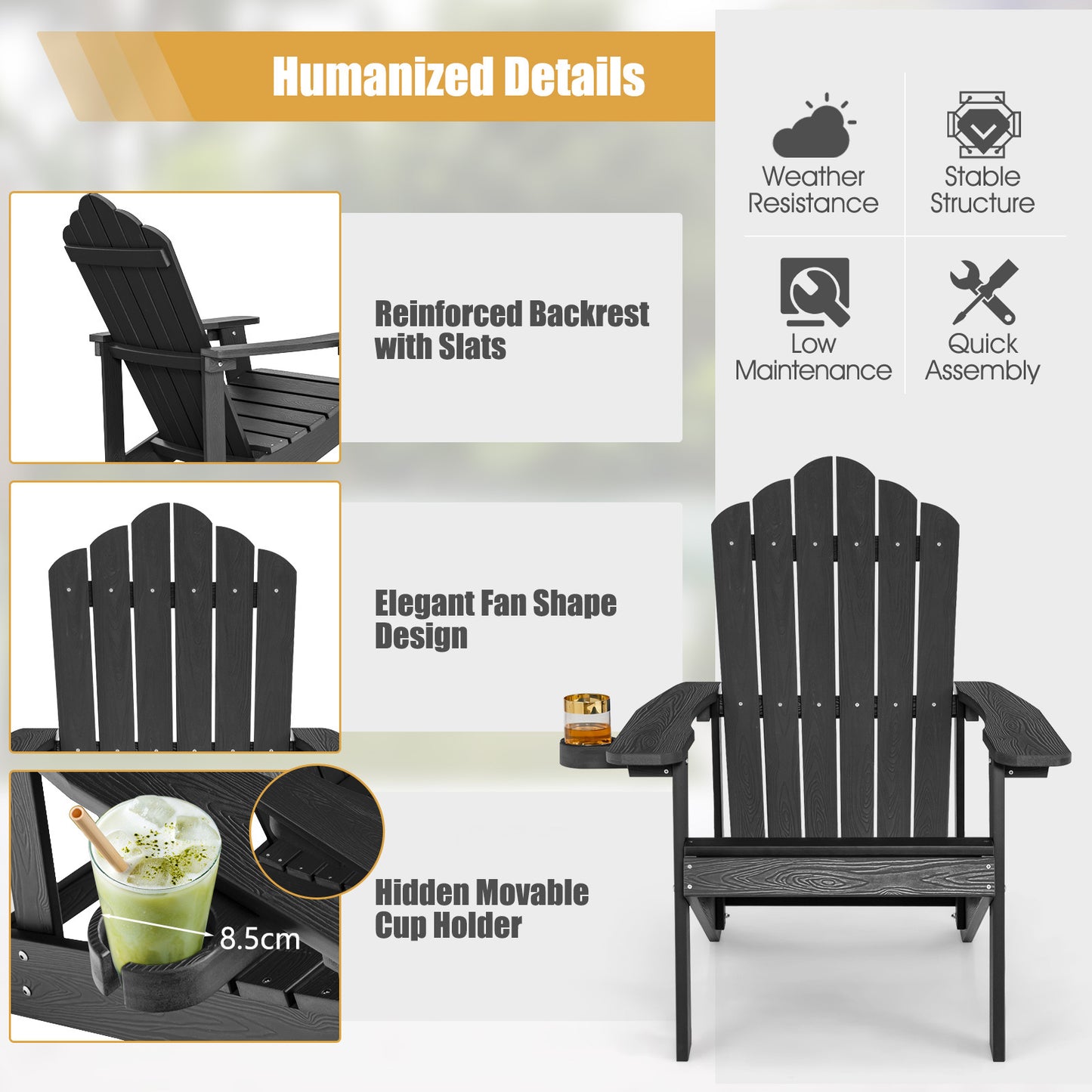 LIVSK Adirondack-stoelen - Weerbestendig HIPS-materiaal - Ergonomische Zitting - Draaibare Bekerhouder - Zwart
