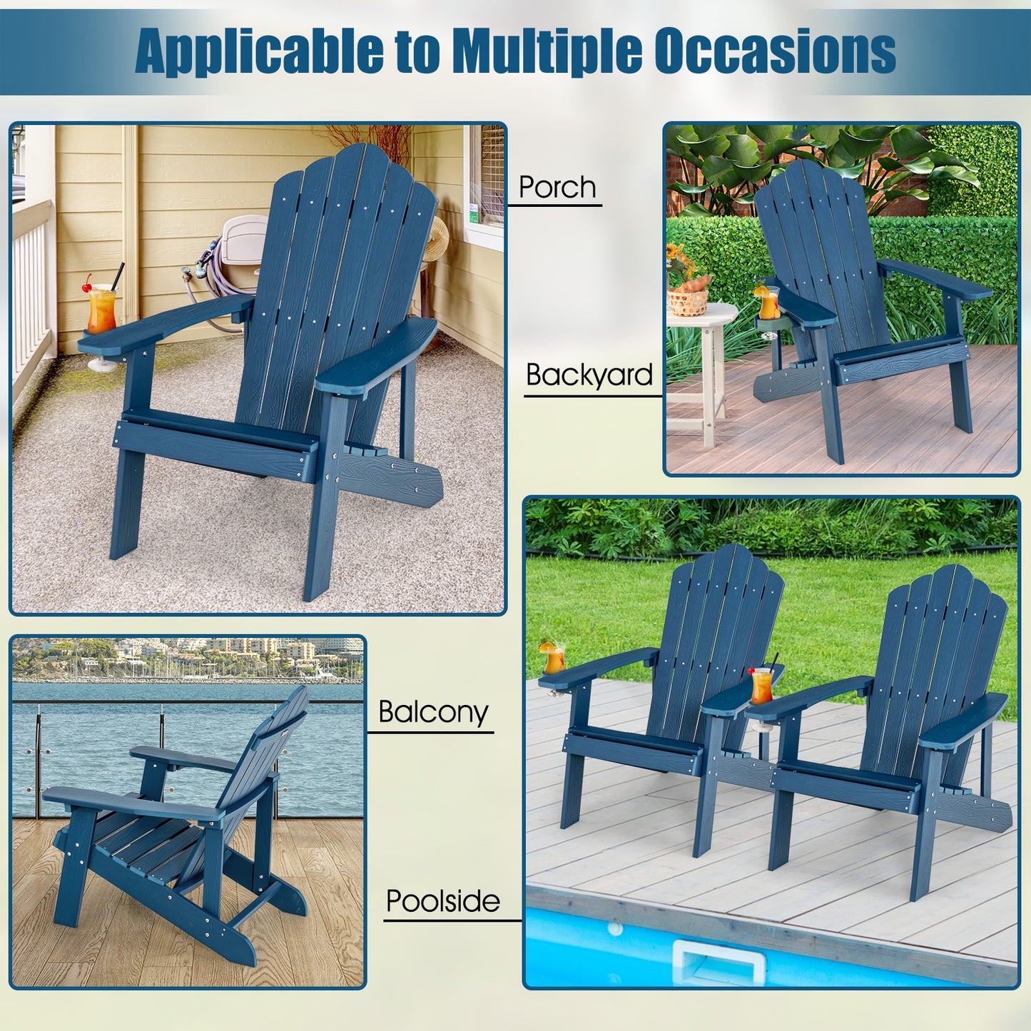 LIVSK Adirondack-stoelen - Weerbestendig HIPS-materiaal - Ergonomische Zitting - Draaibare Bekerhouder - Zwart, Marineblauw, Wit,