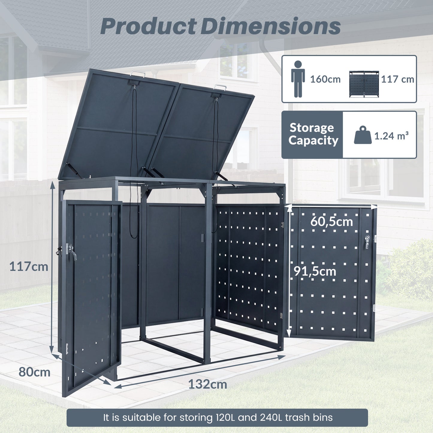LIVSK Afvalcontainerbox - Robuust Metaal - Vergrendelbare Deuren - Gasdrukveren - 132 x 80 x 117 cm - Grijs