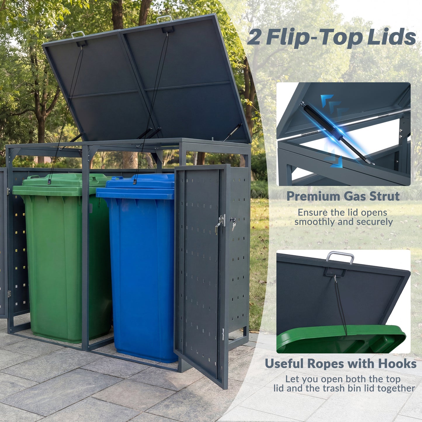LIVSK Afvalcontainerbox - Robuust Metaal - Vergrendelbare Deuren - Gasdrukveren - 132 x 80 x 117 cm - Grijs