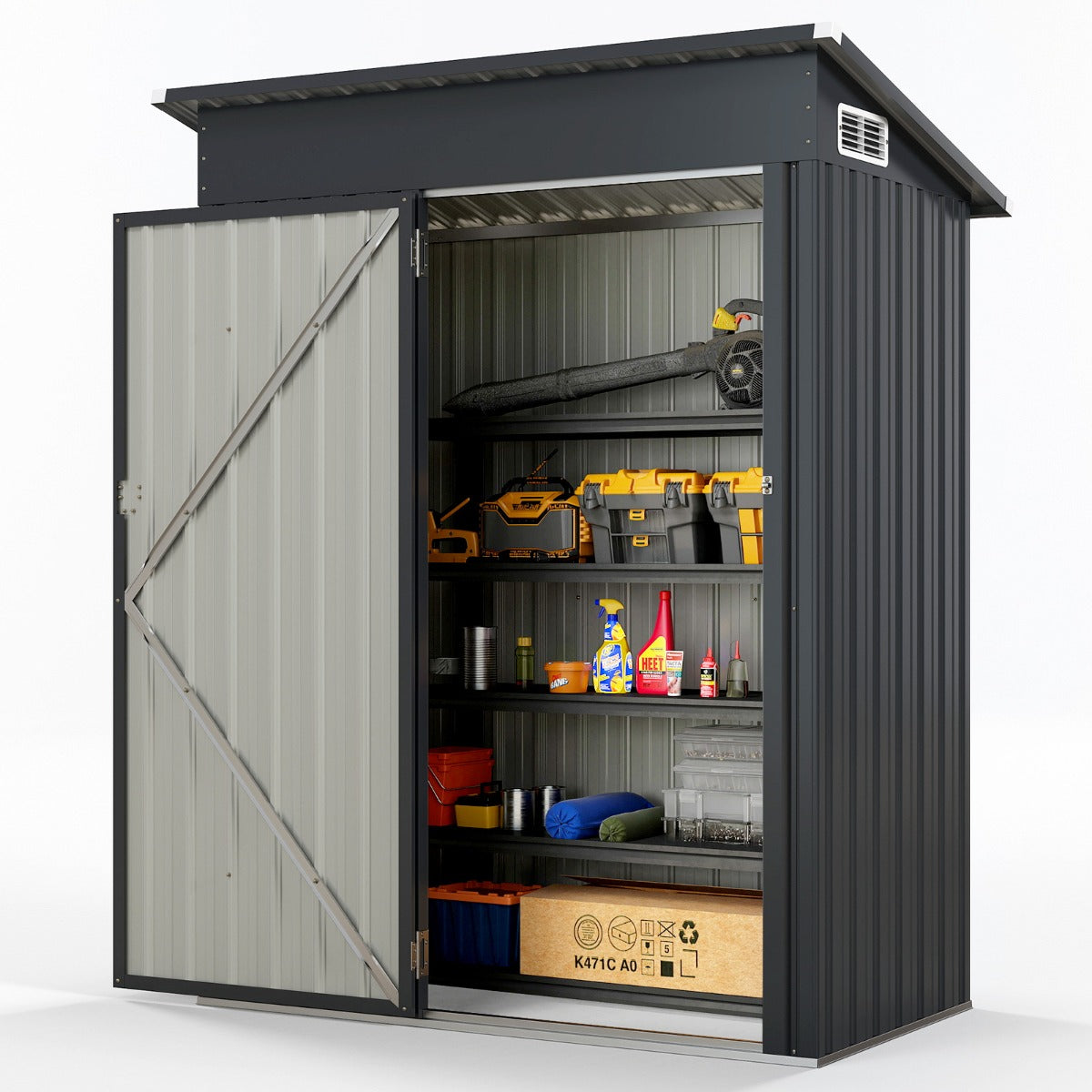 LIVSK all-weather opslagschuur 150 x 90,5 x 185 cm - Verzinkt staal - Ventilatieroosters - Praktische deur - Donkergrijs