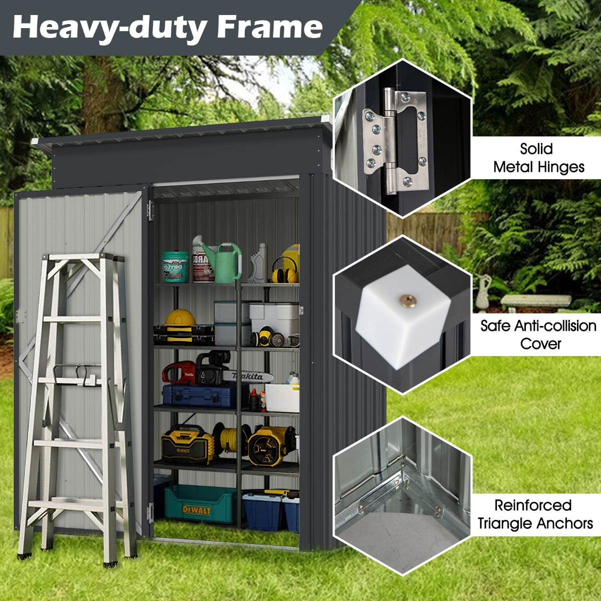 LIVSK all-weather opslagschuur 150 x 90,5 x 185 cm - Verzinkt staal - Ventilatieroosters - Praktische deur - Donkergrijs