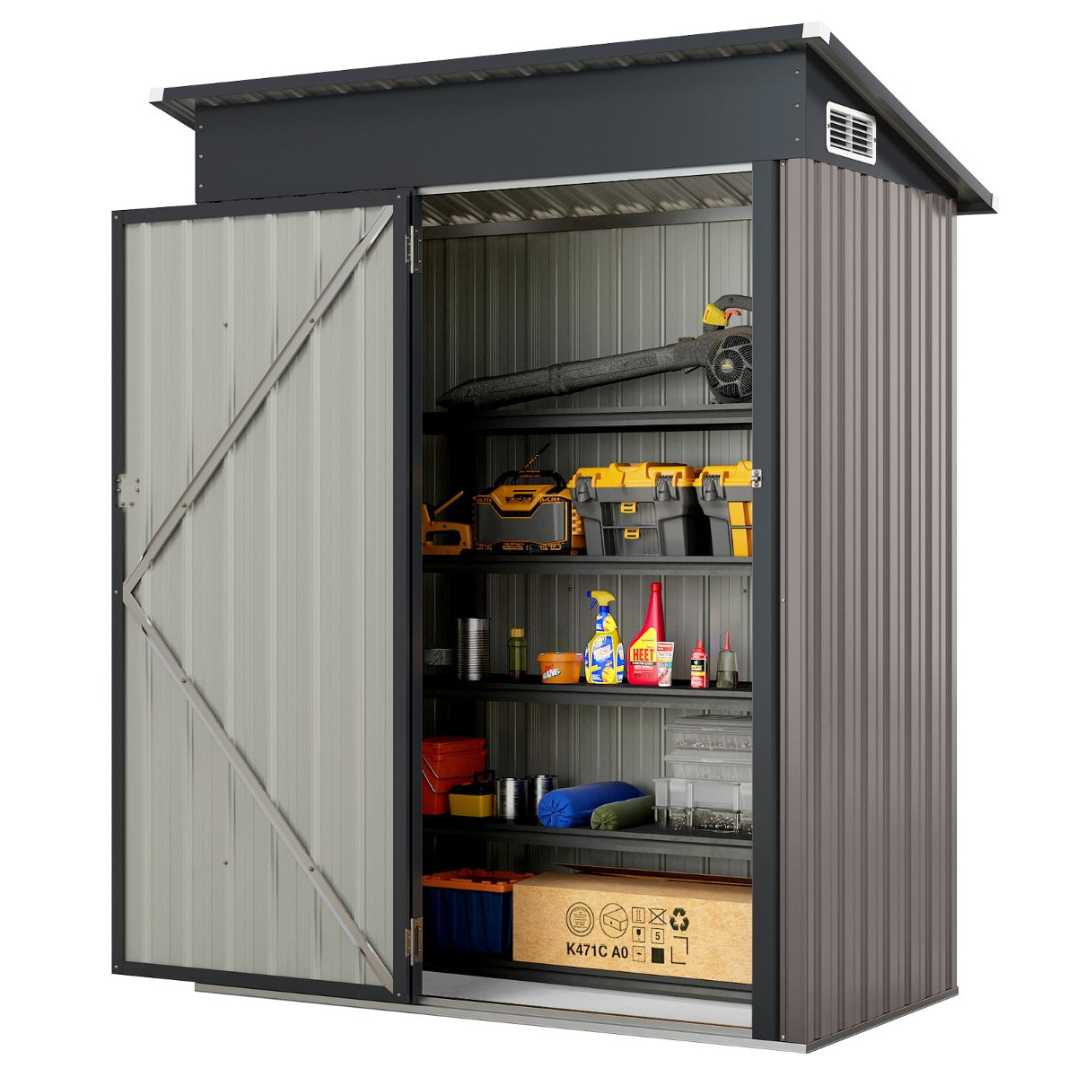 LIVSK all-weather opslagschuur - Duurzaam verzinkt ijzer - Schuin dak met ventilatie - 1,5 m³ - 150 x 90,5 x 185 cm - Lichtgrijs